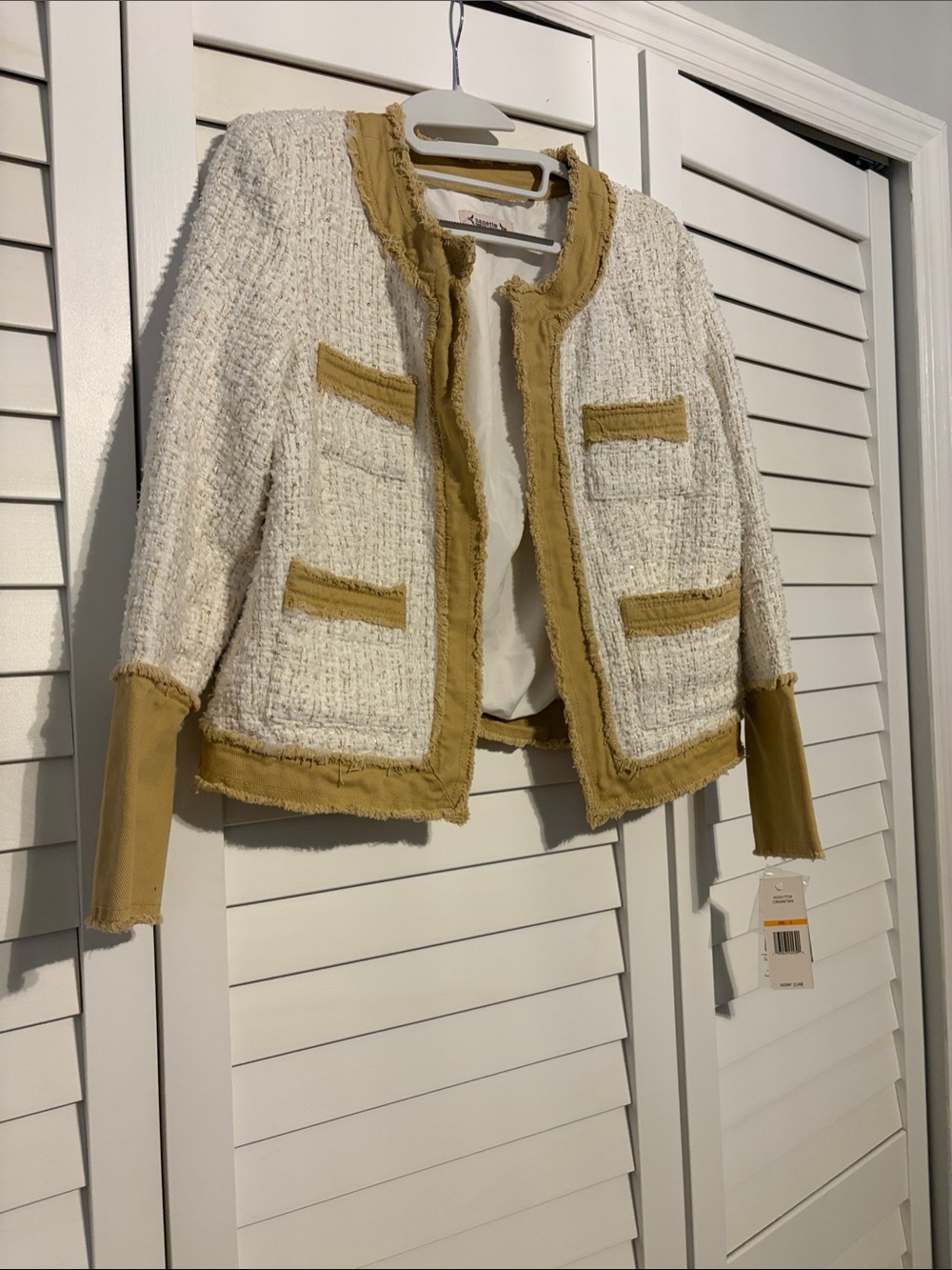 Nanette Lapore  Fringe-Trim Open Blazer in Cream, tan and gold thread accents